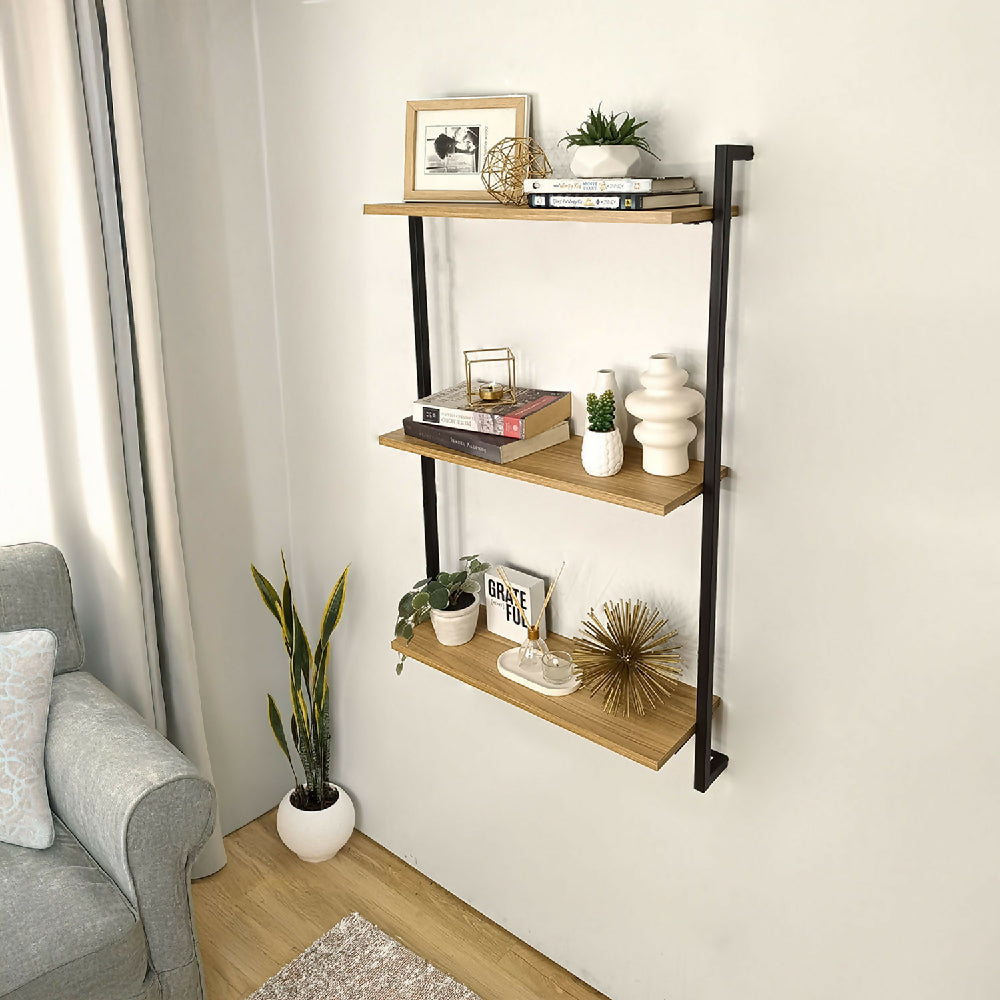 Estantería 3 Niveles a Pared Bruselas, Madera Natural + Negro