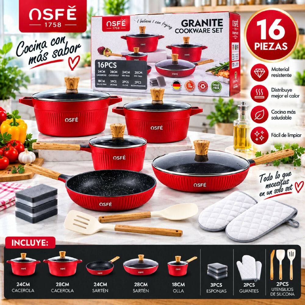 Set De Ollas De Granito Antiadherente 16 Piezas OSFÉ Diseño Elegante Y Utensilios Integrados Para El Hogar