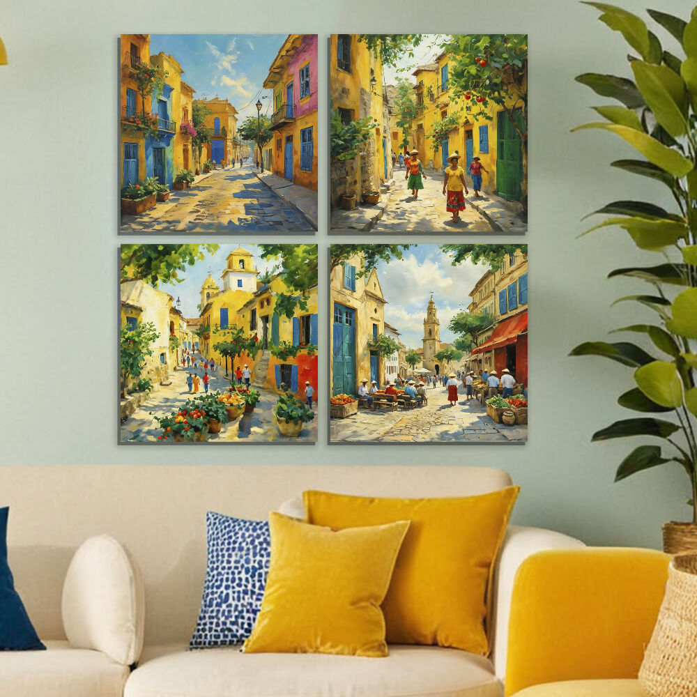 Lienzo Cuadros Colores de mi Tierra Pueblitos Set X 4 DE 43X43CM c/u