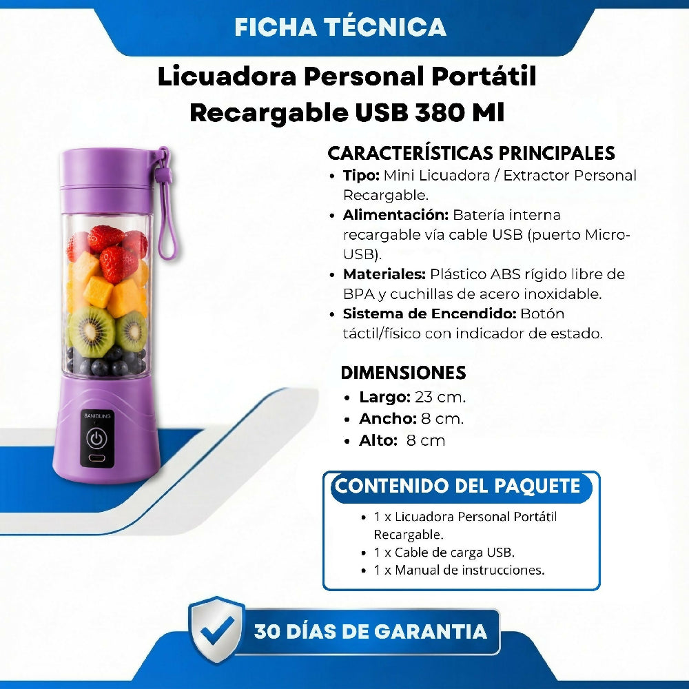 Licuadora Personal Portátil Recargable USB 380 Ml Morado