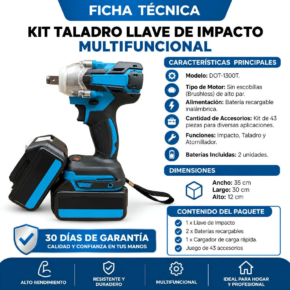 Kit taladro inalámbrico multifuncional con llave de impacto y 2 baterías - vista frontal