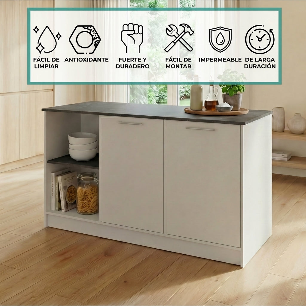 Barra de Cocina Samara, Blanco y Piedra, con Tres Entrepaños ZF