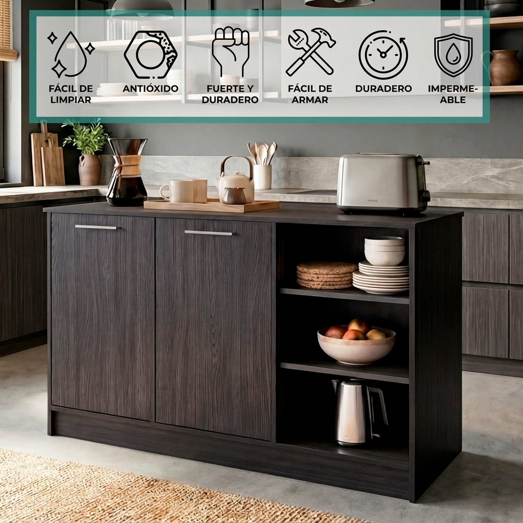 Barra de Cocina Ginger, Wengue, contiene tres entrepaños para guardar objetos de cocina ZF