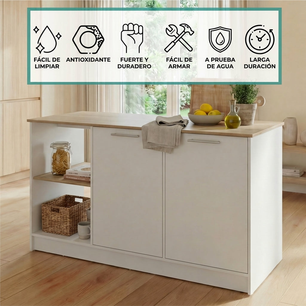 Barra de Cocina Samara, Blanco y Café Claro, con Dos Puertas y Entrepaños ZF