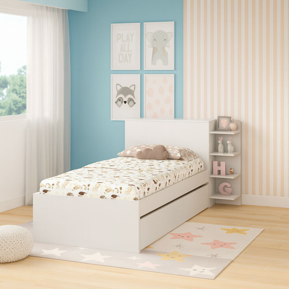 Cama Nido Multifuncional Gea Blanca Con Estantes Laterales Y Cabecero Con Almacenamiento