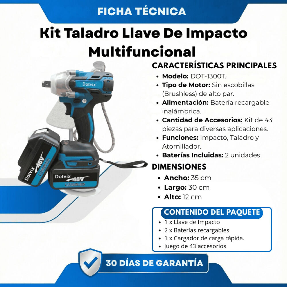 Kit Taladro Inalámbrico Y Llave De Impacto Multifuncional 2 Baterías