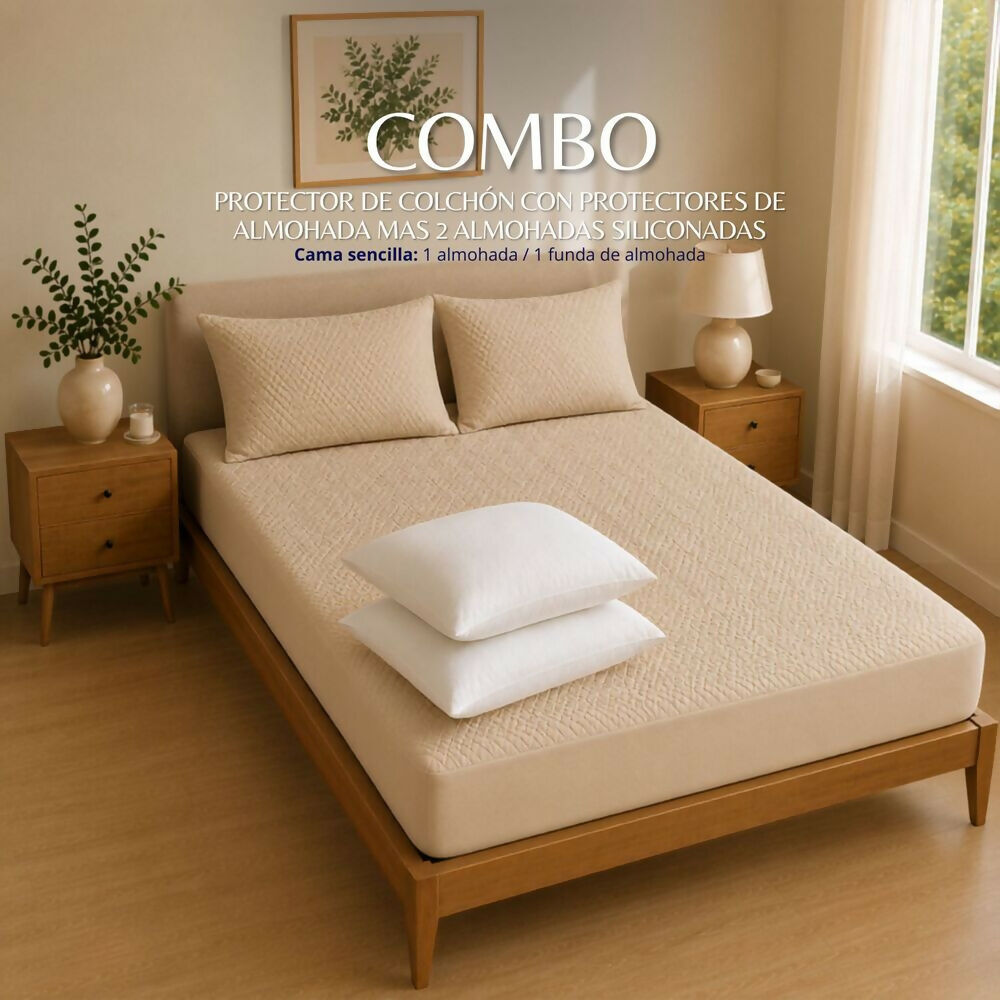Combo protector colchon + 2 almohadas siliconadas king beige