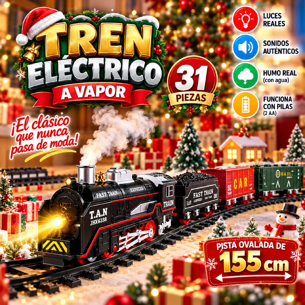 Tren Electrico A Vapor Con Humo Y Luz 6338 Set De 31 Piezas Con Sonido De 155CM