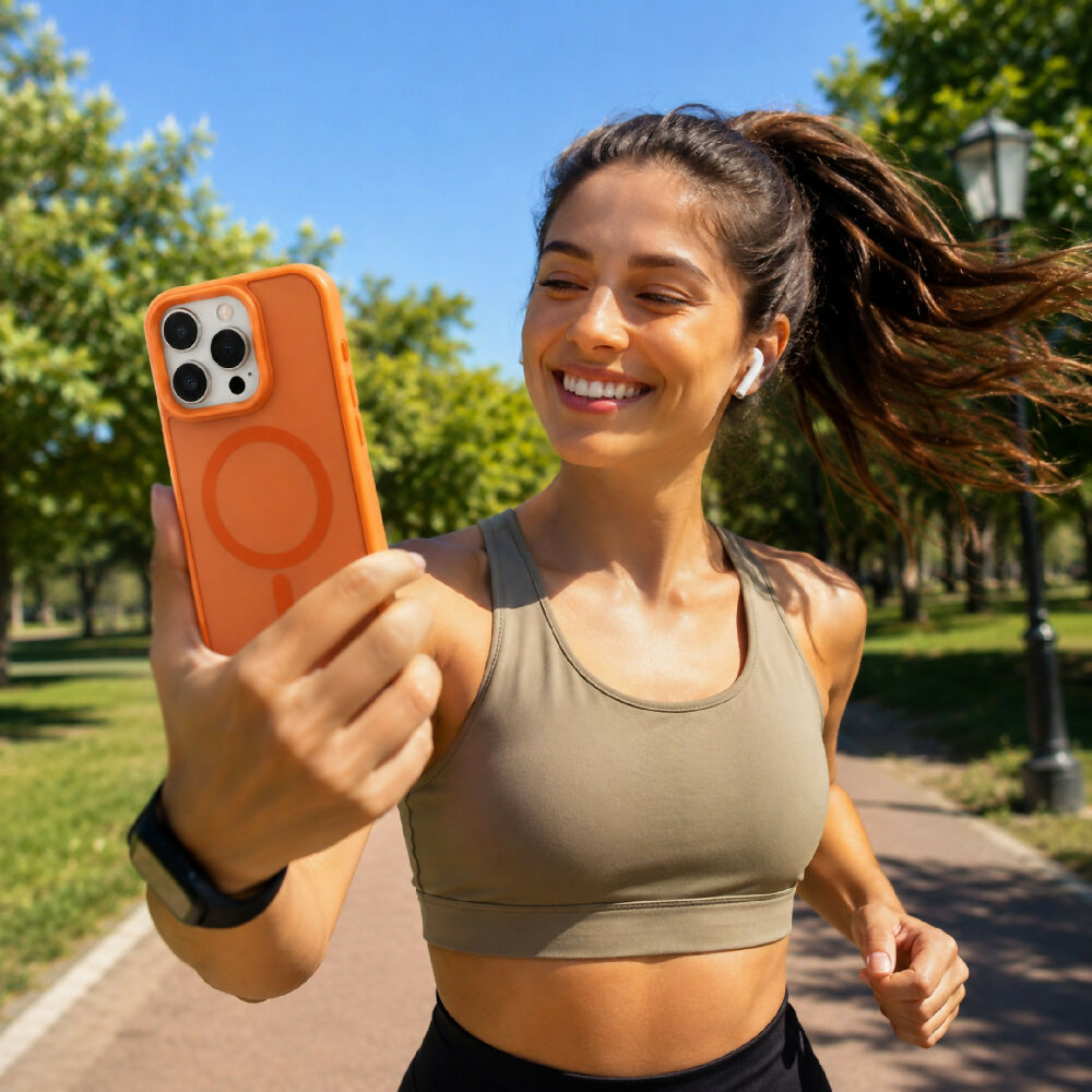 Forro Semi Transparente Para Celular Funda MagSafe Con Textura Suave Iphone 16 Pro Naranja