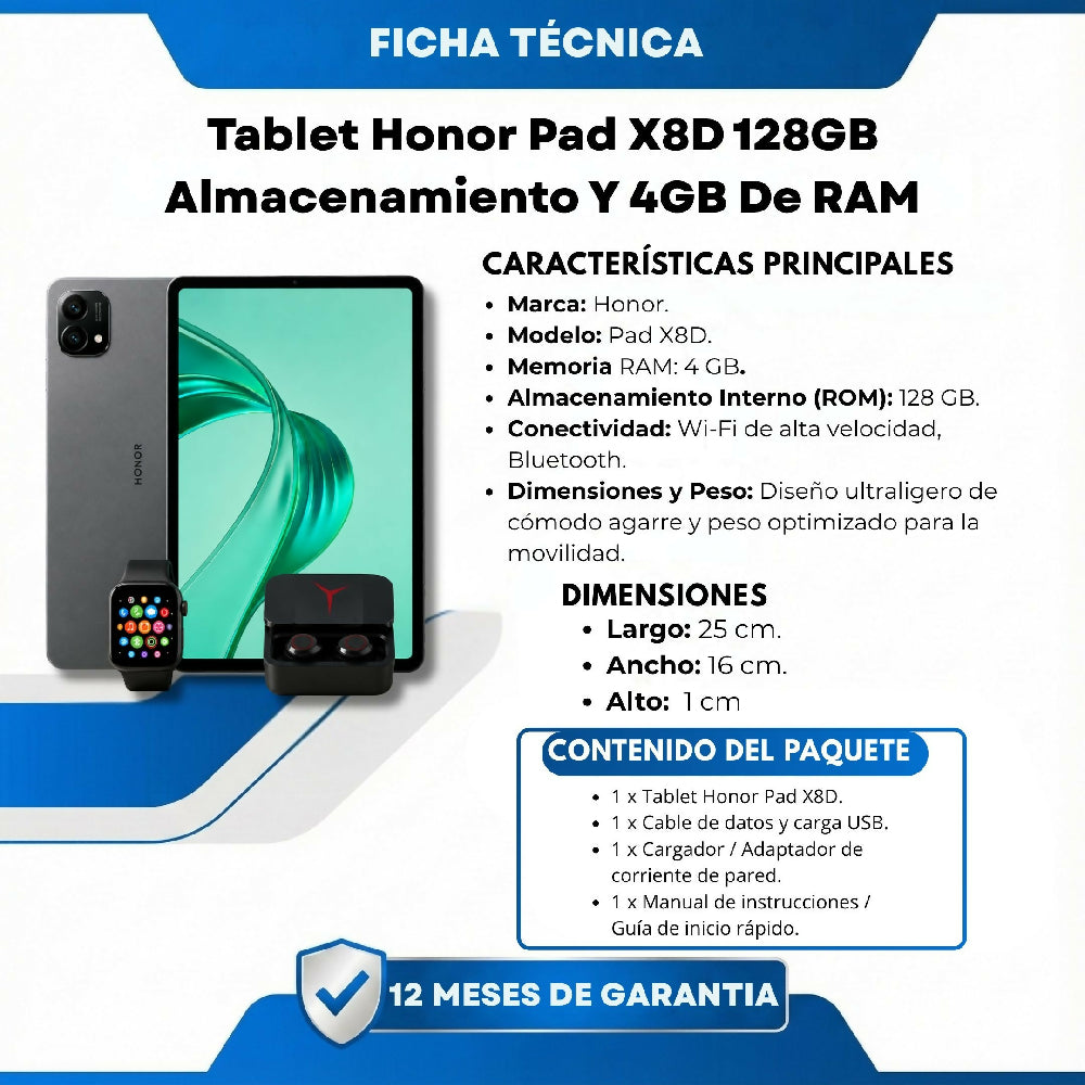 Tablet Honor Pad X8D 128GB / 4GB RAM + Audífonos Bluetooth Y Reloj Gratis