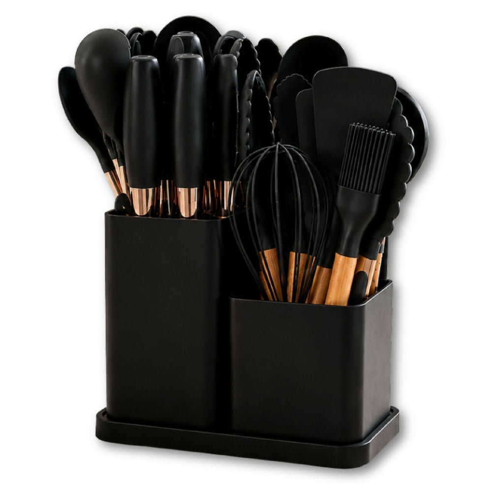 Set De Utensilios Y Cuchillos De 19 Piezas Silicona Antiadherente Y Acero Inoxidable Negro