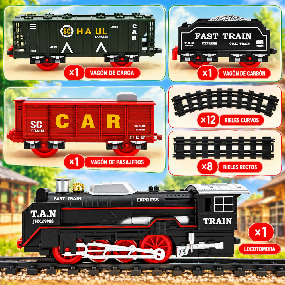 Tren Electrico A Vapor Con Humo Y Luz 6338 Set De 31 Piezas Con Sonido De 155CM