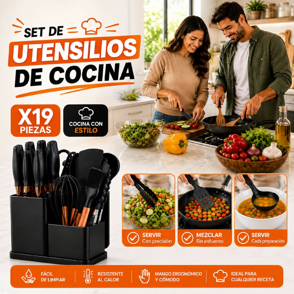 Set De Utensilios Y Cuchillos De 19 Piezas Silicona Antiadherente Y Acero Inoxidable Negro