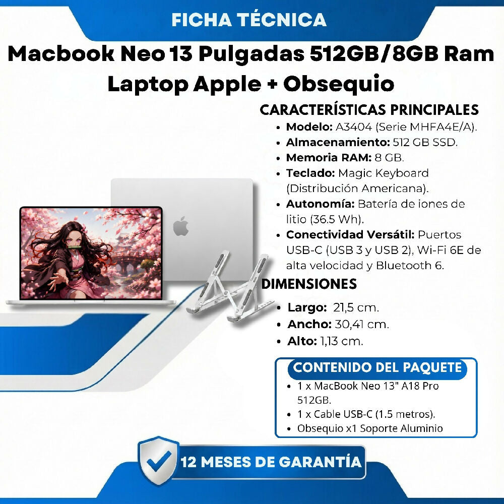 Macbook Neo 13 Pulgadas 512GB/8GB Ram Laptop Apple De Gran Almacenamiento Plateado + Obsequio