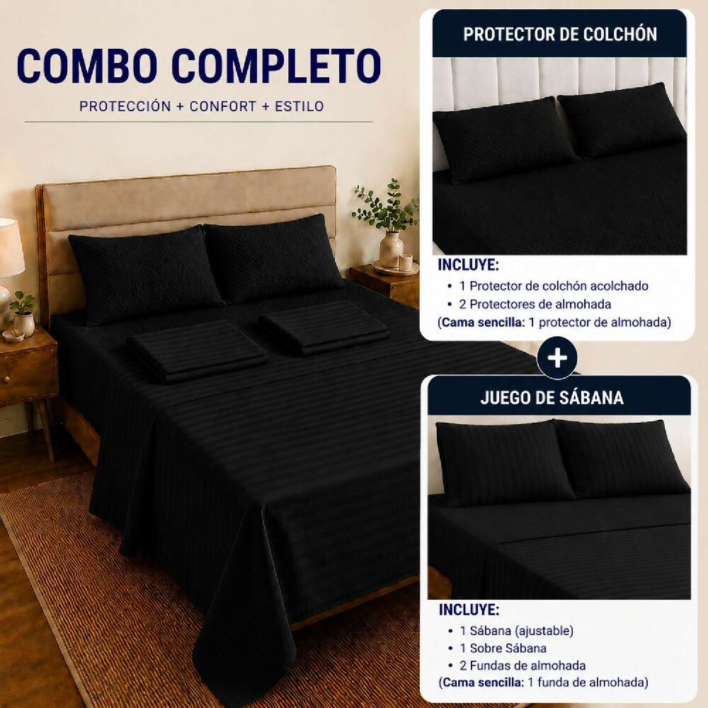 Combo protector colchon + Juego de sábanas semidoble negro