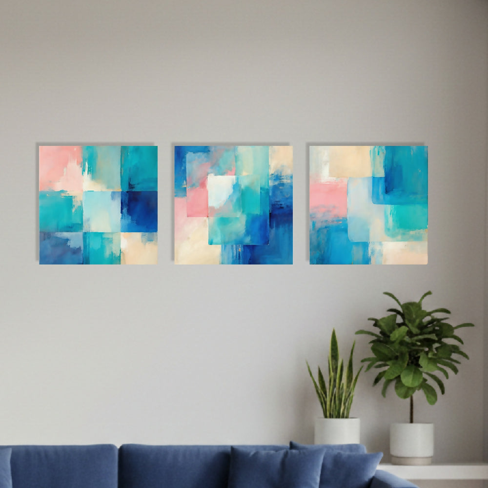 Lienzo Canvas Cuadro Triptico Ecos en Azul y Coral 34x34cm c/u