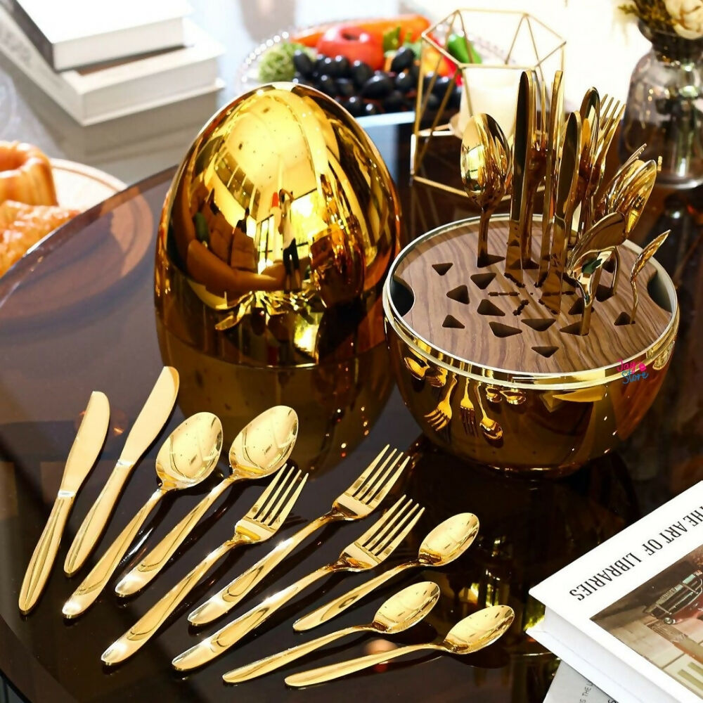 Cubiertos Set 24 Piezas Acero Inoxidable Estuche Huevo Gold