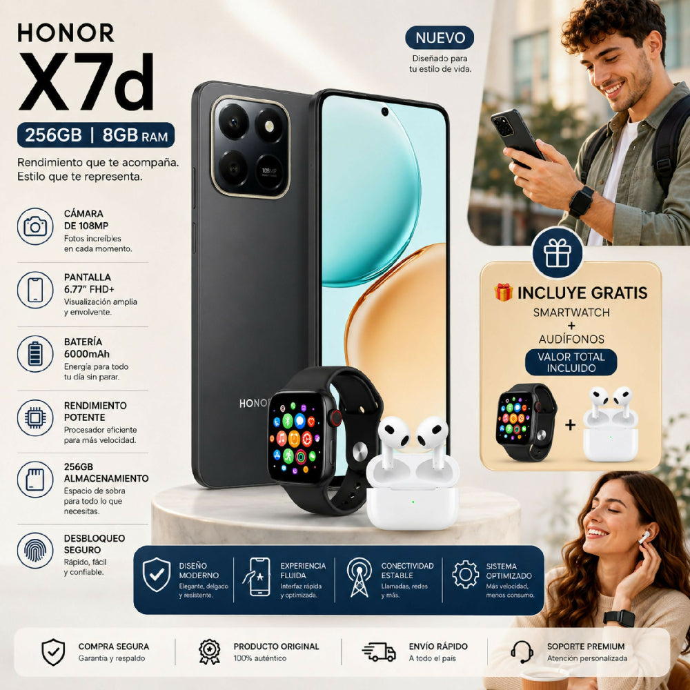 Celular Honor X7d 256gb Negro + 8gb Ram + Smartwatch Y Audífonos Gratis
