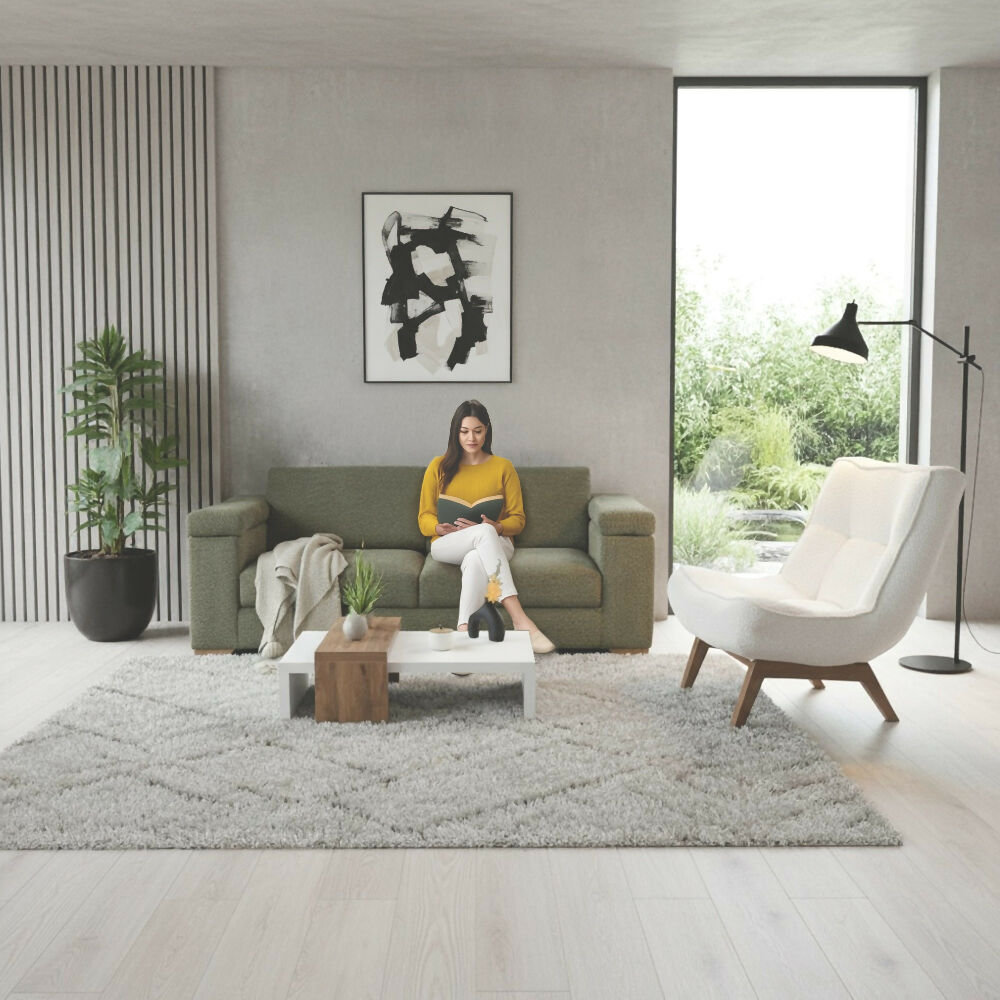 Sala con Sofá 3 Puestos Montenegro Verde y Poltrona Samoa Blanco + Mesa Centro Montreal