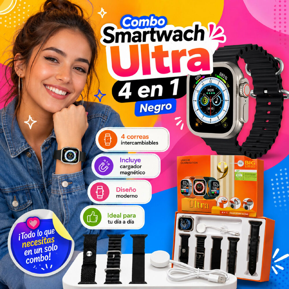 Smartwatch Ultra 4 En 1 Pantalla 2.03" Con 4 Correas Intercambiables