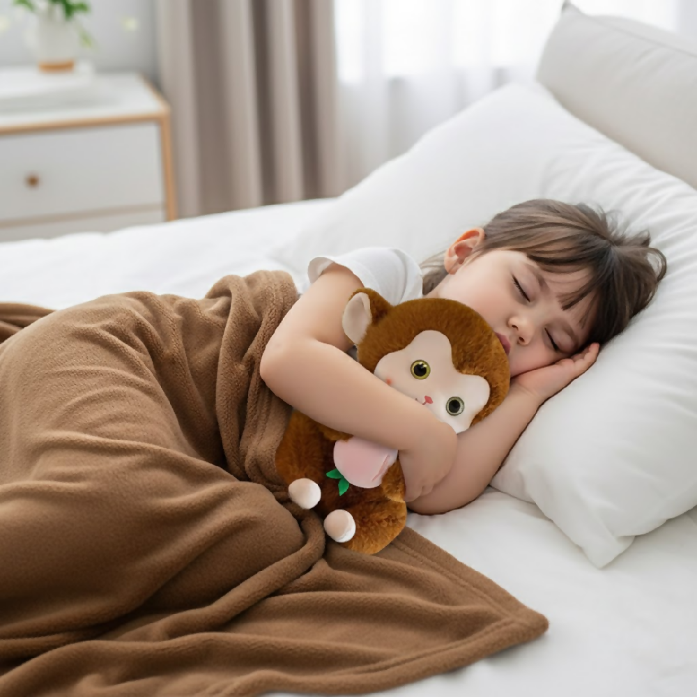Peluche Mono Café 45 Cm Con Cobija Integrada – Compañero Suave Y Acogedor Ideal Para Regalo Y Descanso