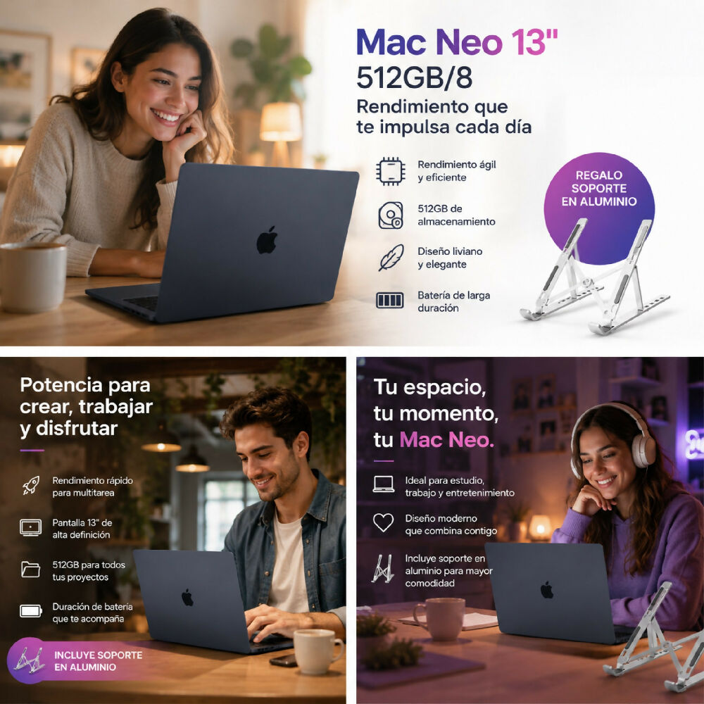 Macbook Neo 13 Pulgadas 512GB/8GB Ram Laptop Apple De Gran Almacenamiento Negro + Obsequio