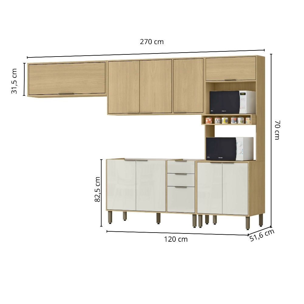Cocina 270 cm Elba 11 Puertas 2 Cajones - Almendra/Blanco Apagado