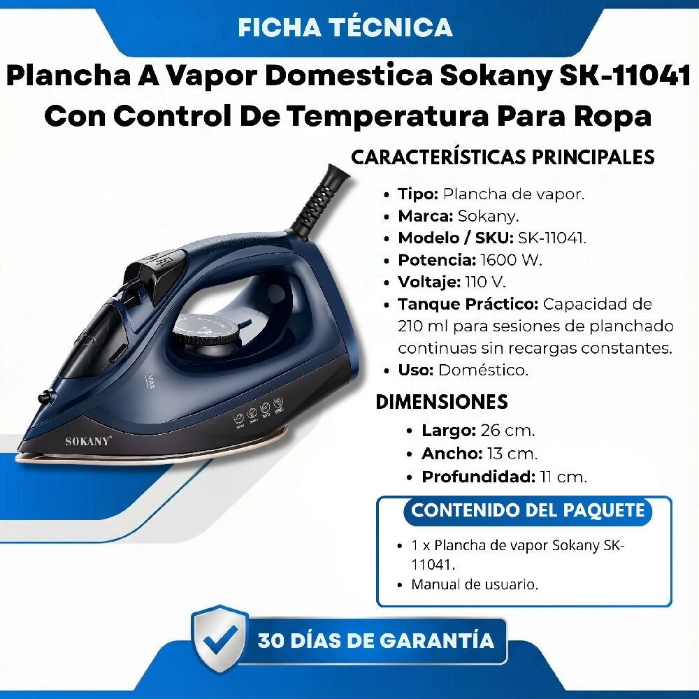 Plancha A Vapor Domestica Sokany SK-11041 Con Control De Temperatura Para Ropa