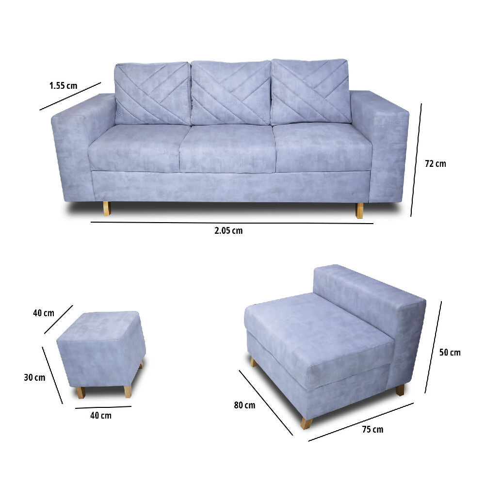 Sala Amsterdam + Silla + Puff en Tela Amiglable Con Mascotas 205X72X155 Cm Hielo