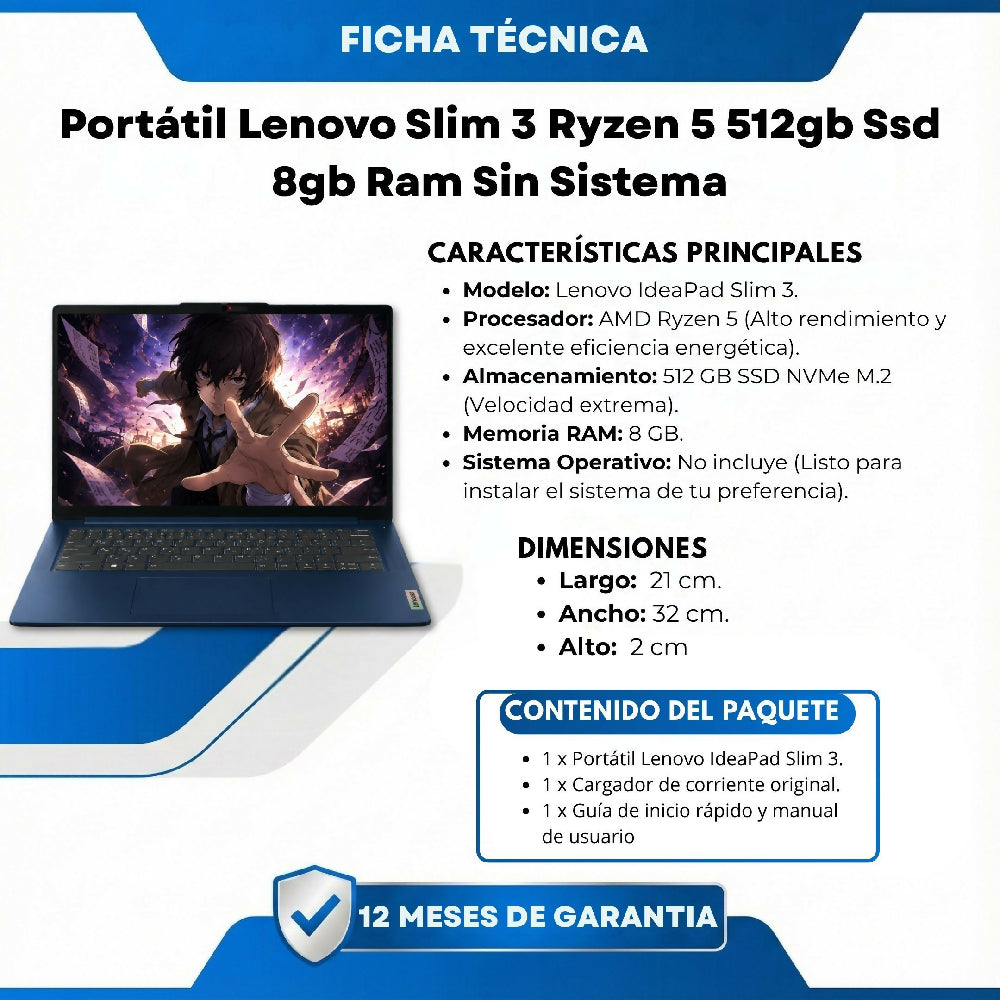 Portátil Lenovo Slim 3 Ryzen 5 512gb Ssd 8gb Ram Sin Sistema Con Obsequio