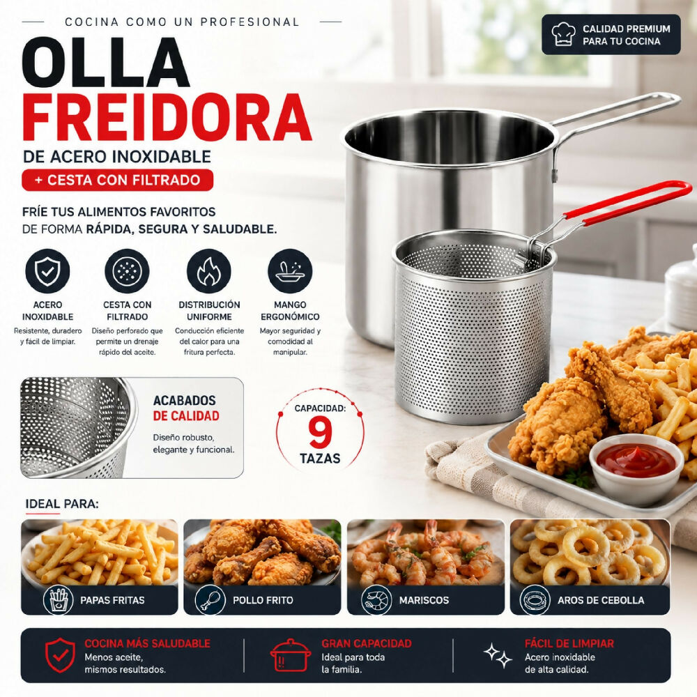 Olla Freidora De Acero Inoxidable + Cesta Escurre El Exceso De Aceite Al Instante