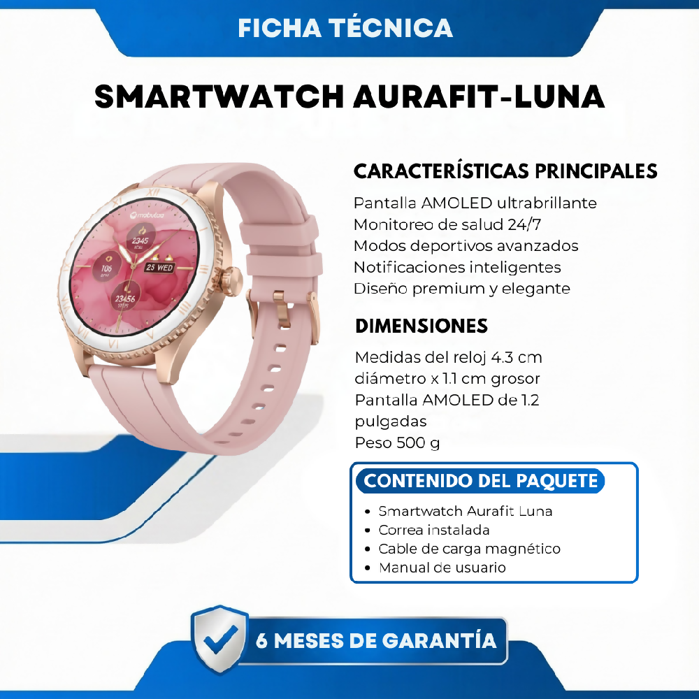 Smartwatch Aurafit Luna Reloj Inteligente Elegante Con Llamadas Bluetooth, Monitor De Salud Y Notificaciones
