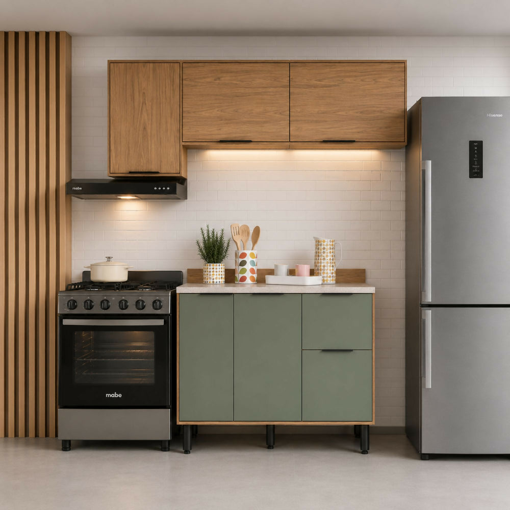 Cocina 200 cm Rosario 5 Puertas 2 Cajones - Natural/Oliva