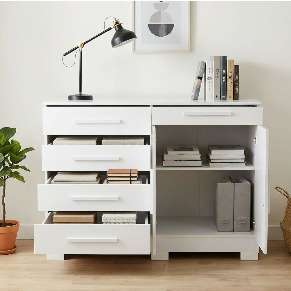 Cómoda 5 cajones 2 puertas Ginesta,  Blanco