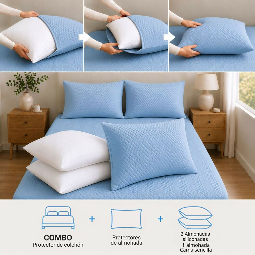 Combo protector colchon + 2 almohadas siliconadas queen celeste