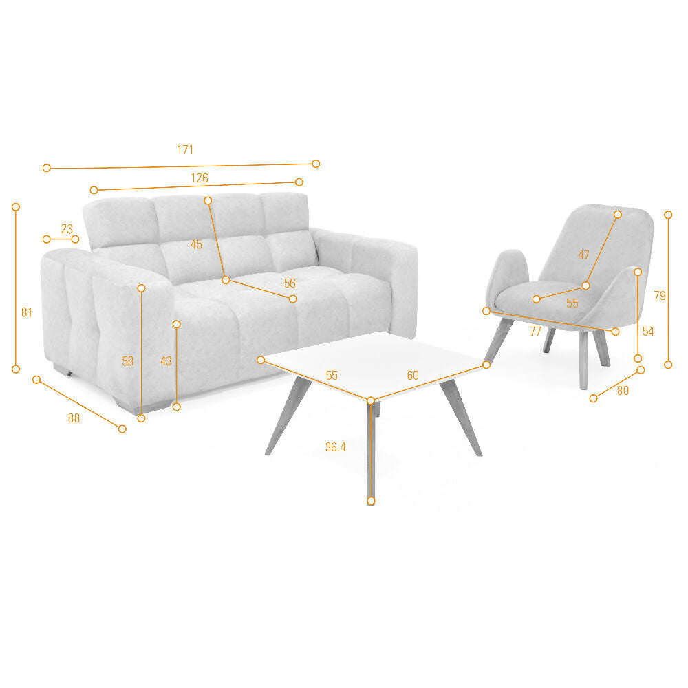 Set de Sala con Sofa Miami 2 Puestos Tela Beige con Poltrona Sibu Tela Salmon y Mesa Nova