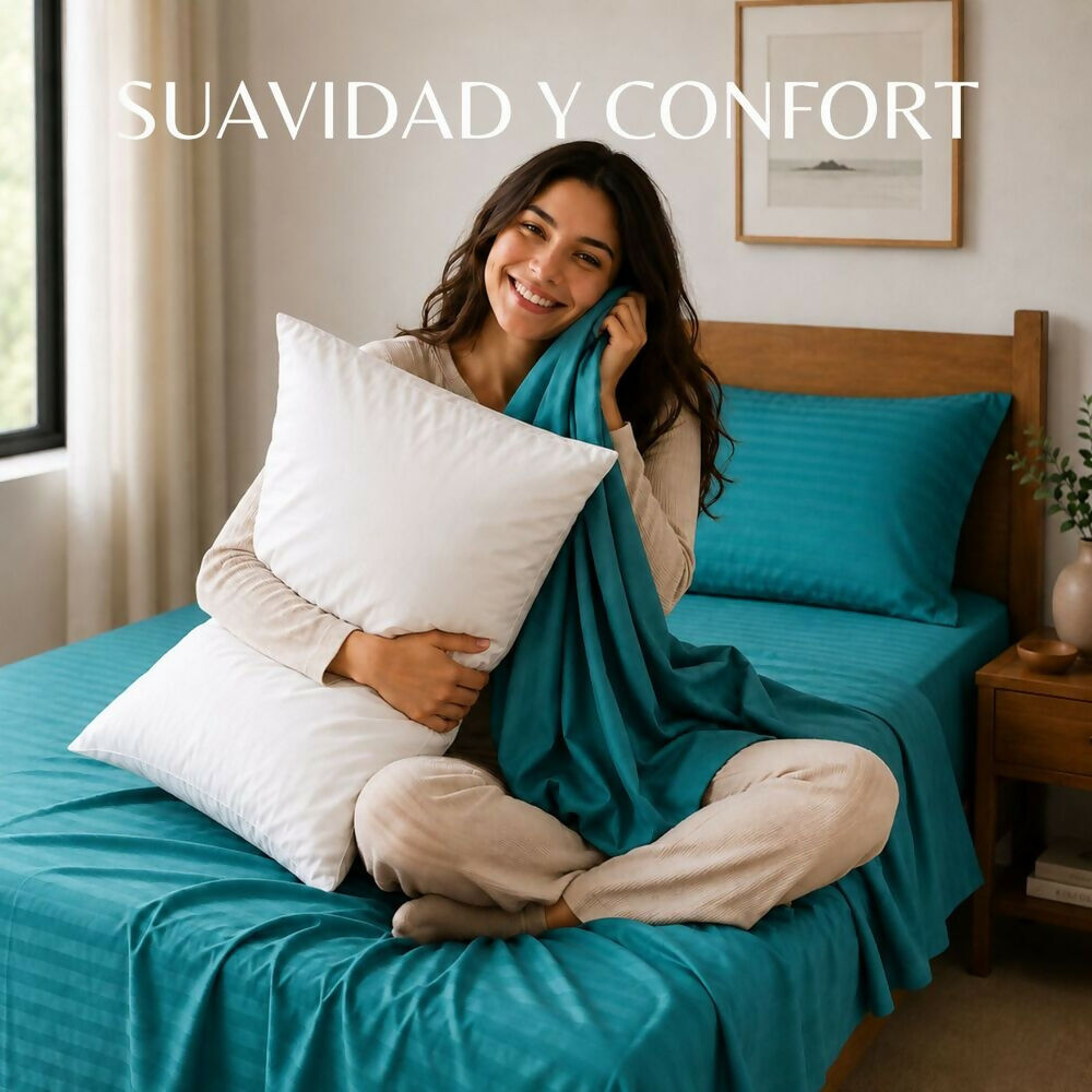 Combo Juego de sábanas + 2 almohadas siliconadas king turquesa