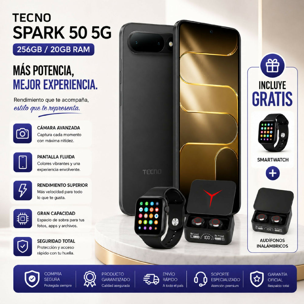 Teléfono Tecno Spark 50 5G 256gb Negro + Kit Regalo Reloj Y Audífonos