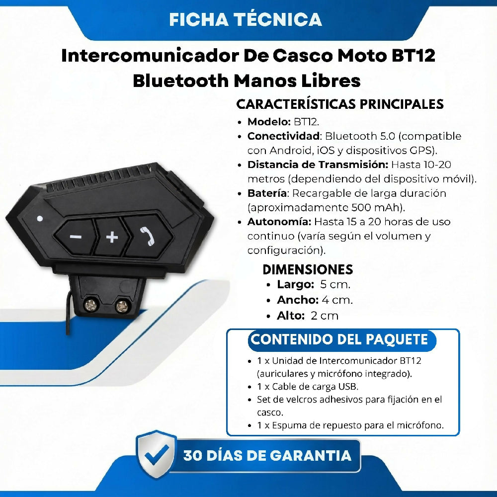 Intercomunicador De Casco Moto BT12 Bluetooth Manos Libres