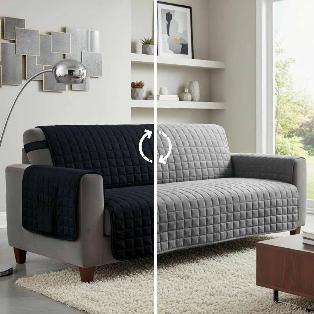 Protector de Sofá 3 Puestos Acolchado Doble Faz Unicolor Negro y Gris