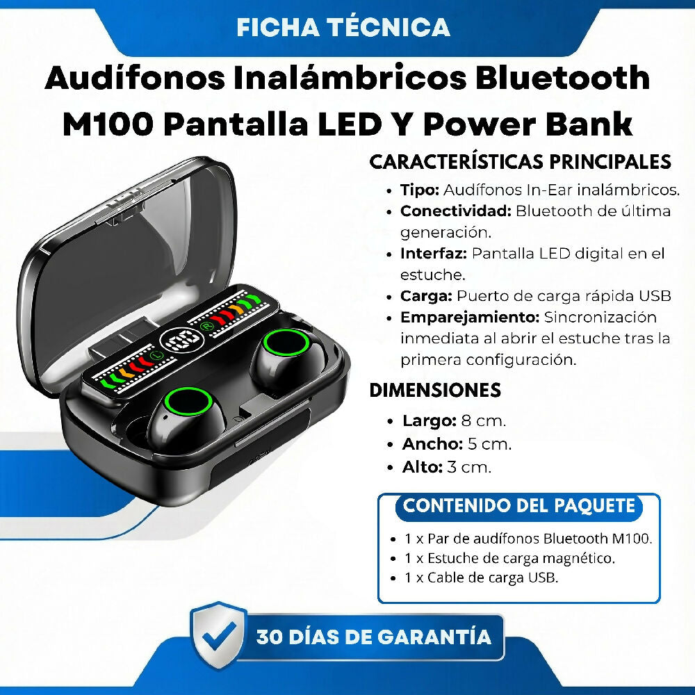 Audífonos Inalámbricos Bluetooth M100 Pantalla LED Y Power Bank