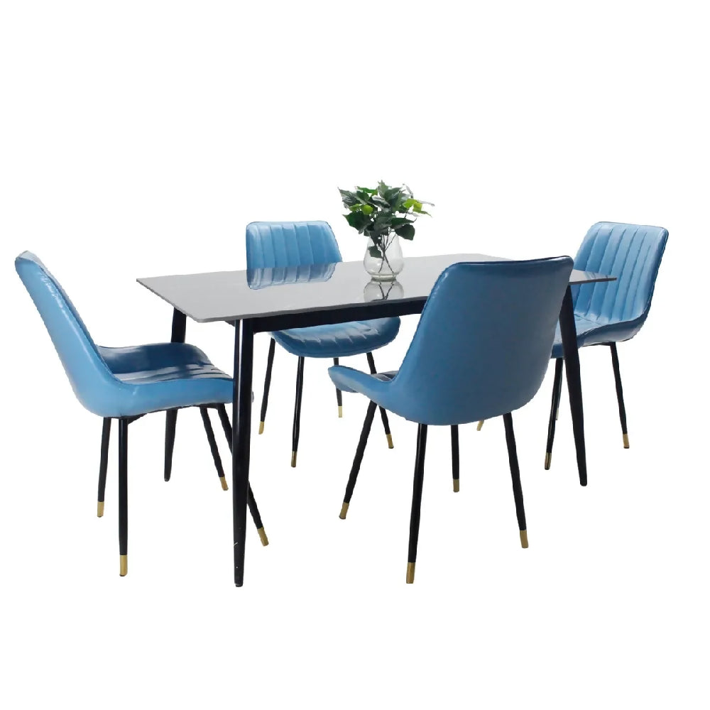 Comedor Vitral Tipo Mármol Negro + Set 4 Silla Azul