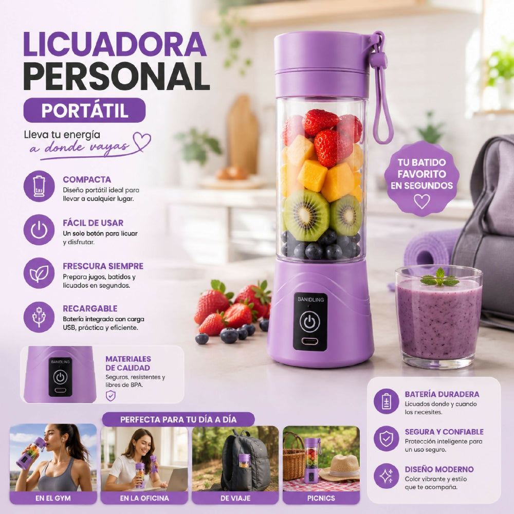 Licuadora Personal Portátil Recargable USB 380 Ml Morado