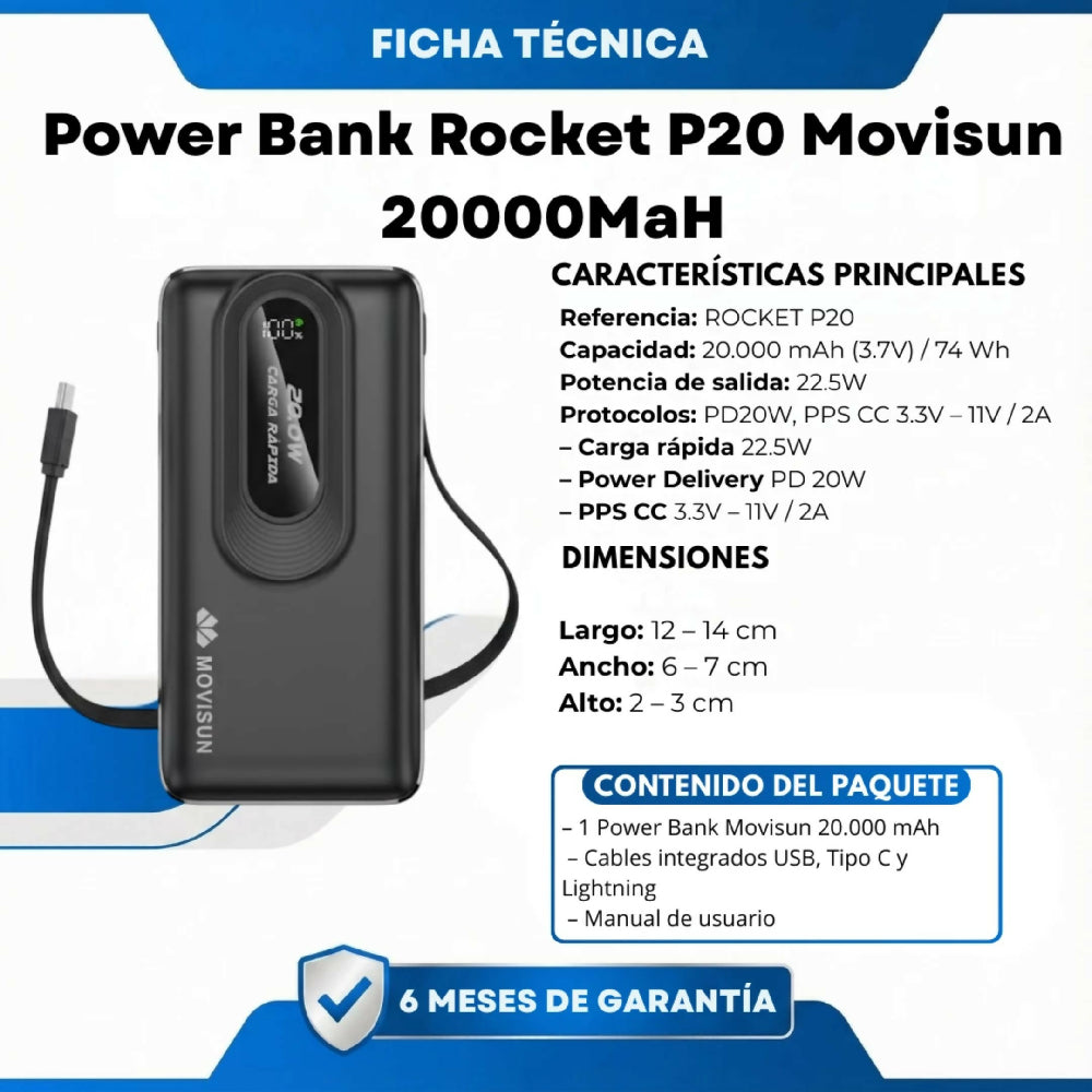 Power Bank Rocket P20 Movisun 20000MaH Con Carga Turbo
