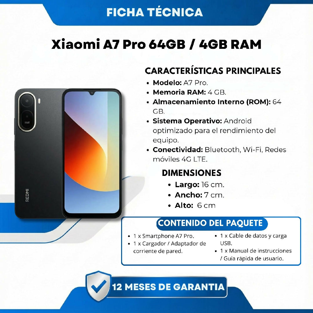 Celular Xiaomi A7 Pro 64GB Rendimiento Fluido Con 4GB Negro