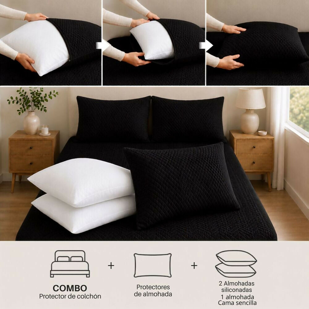 Combo protector colchon + 2 almohadas siliconadas queen negro