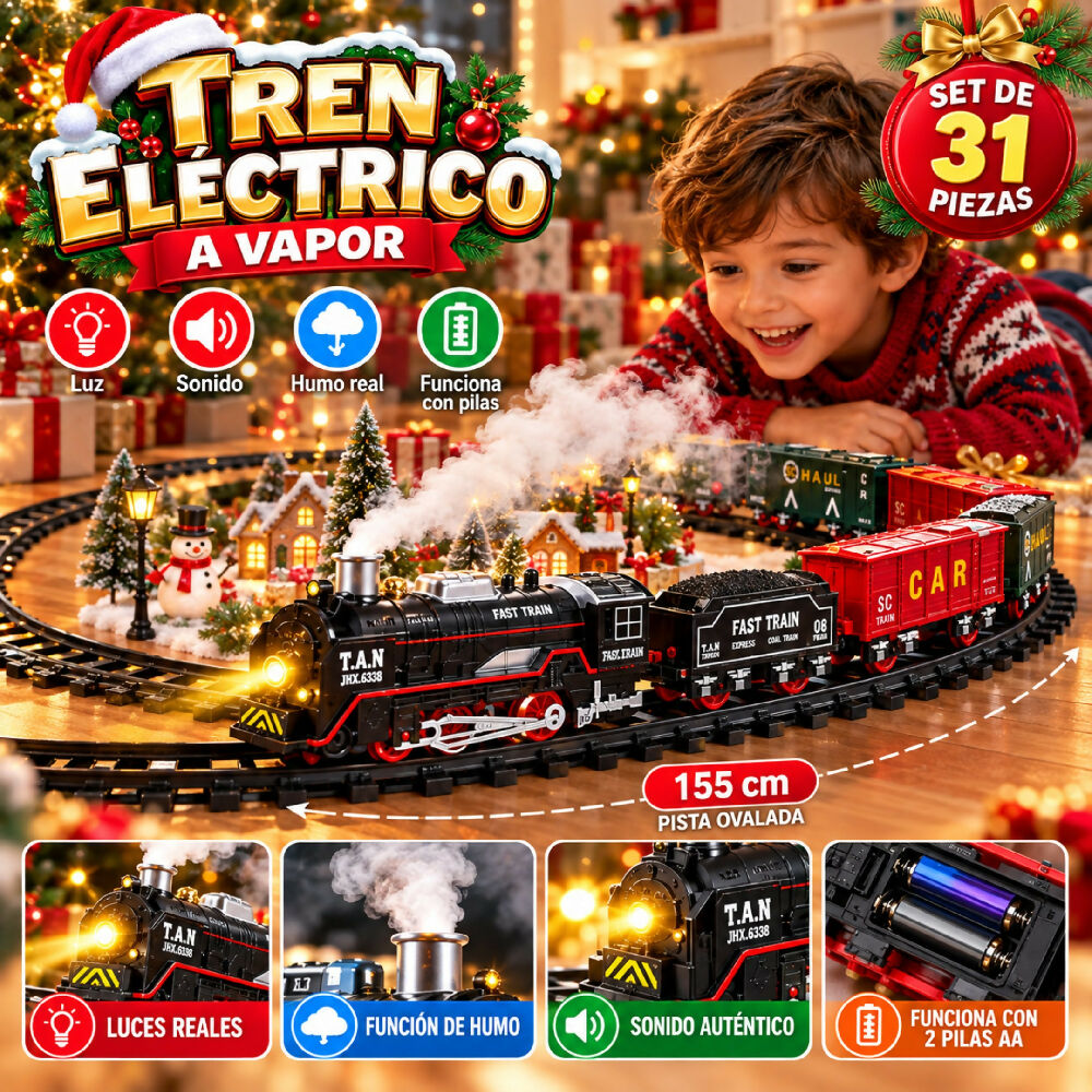Tren Electrico A Vapor Con Humo Y Luz 6338 Set De 31 Piezas Con Sonido De 155CM