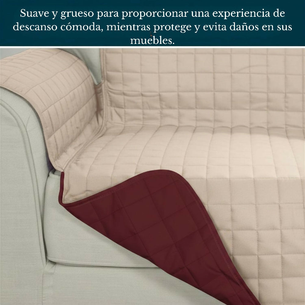 Protector de Sofá 1 Puesto Acolchado Doble Faz Unicolor Vino Tinto y Camel