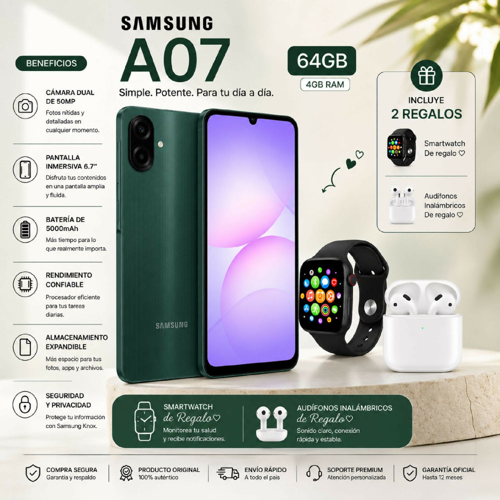 Celular A07 64GB Batería Larga Duración + Obsequio Audífonos Y Smartwatch Verde