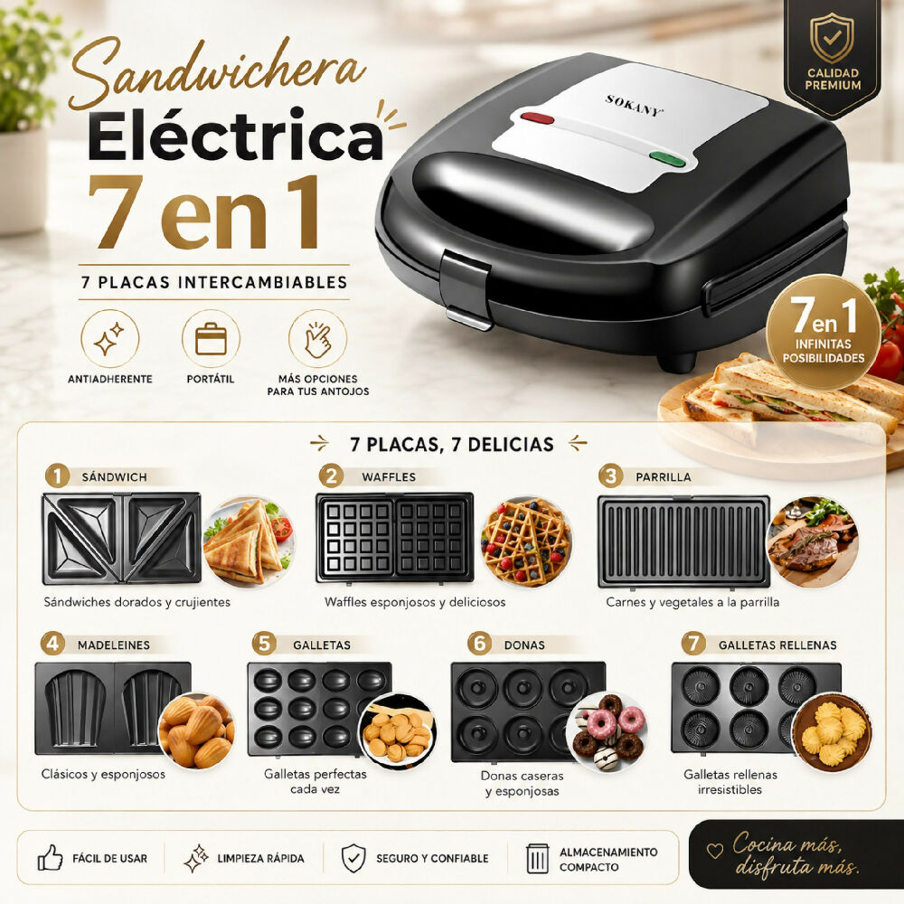 Sandwichera Multifuncional Electrica 7 En 1 Sokany Antiadherente Y Portatil